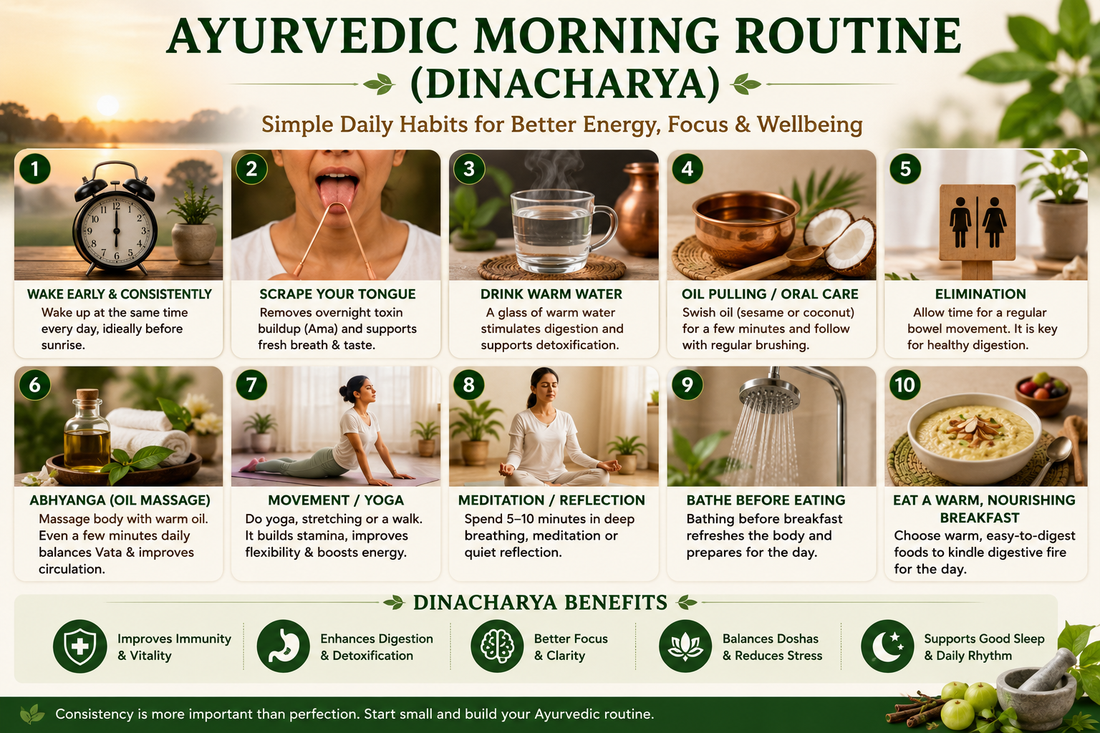 Ayurvedic Morning Routine (Dinacharya) for Better Energy and Focus | Herbal Hand Jadibooti