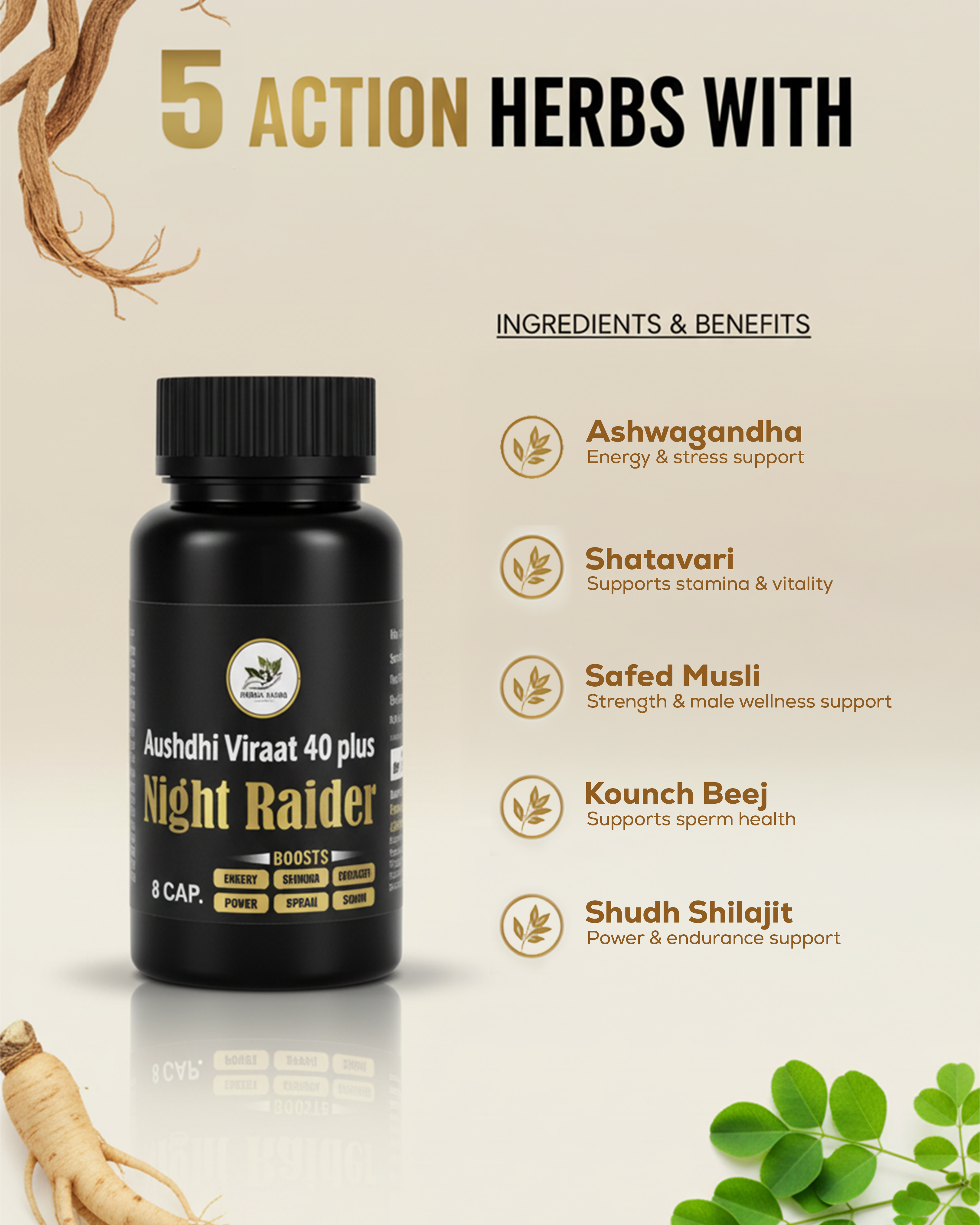Aushdhi Viraat 40 Plus Night Raider | Ayurvedic Men’s Wellness Capsules | Boosts Stamina