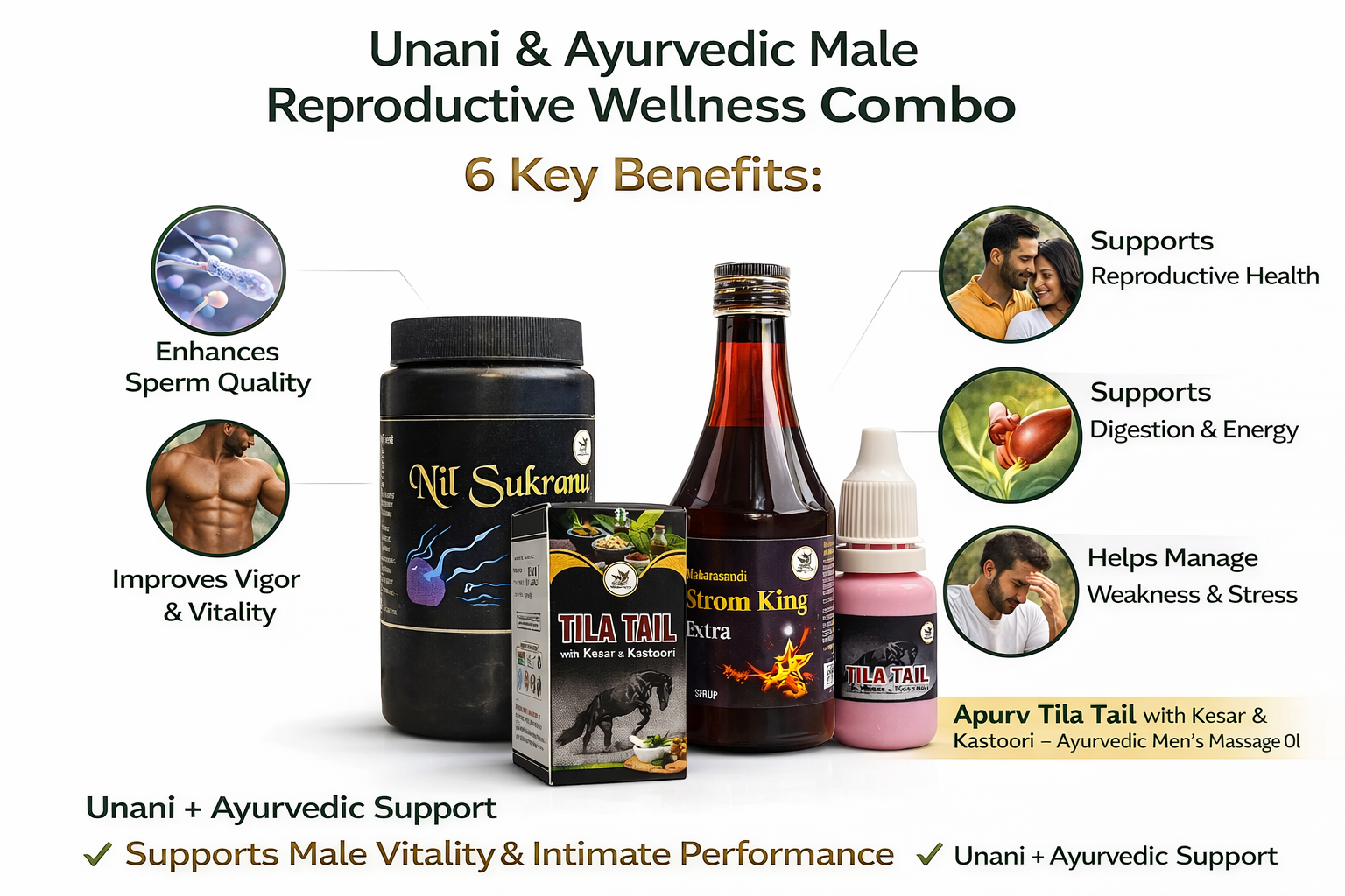 STAMINA BOOSTER COMBO – One-Month Ayurvedic Vigor & Vitality Kit (3-in-1 Performance Stack) Nil Sukranu Powder + Strom King Syrup + Apurv Tila Tail