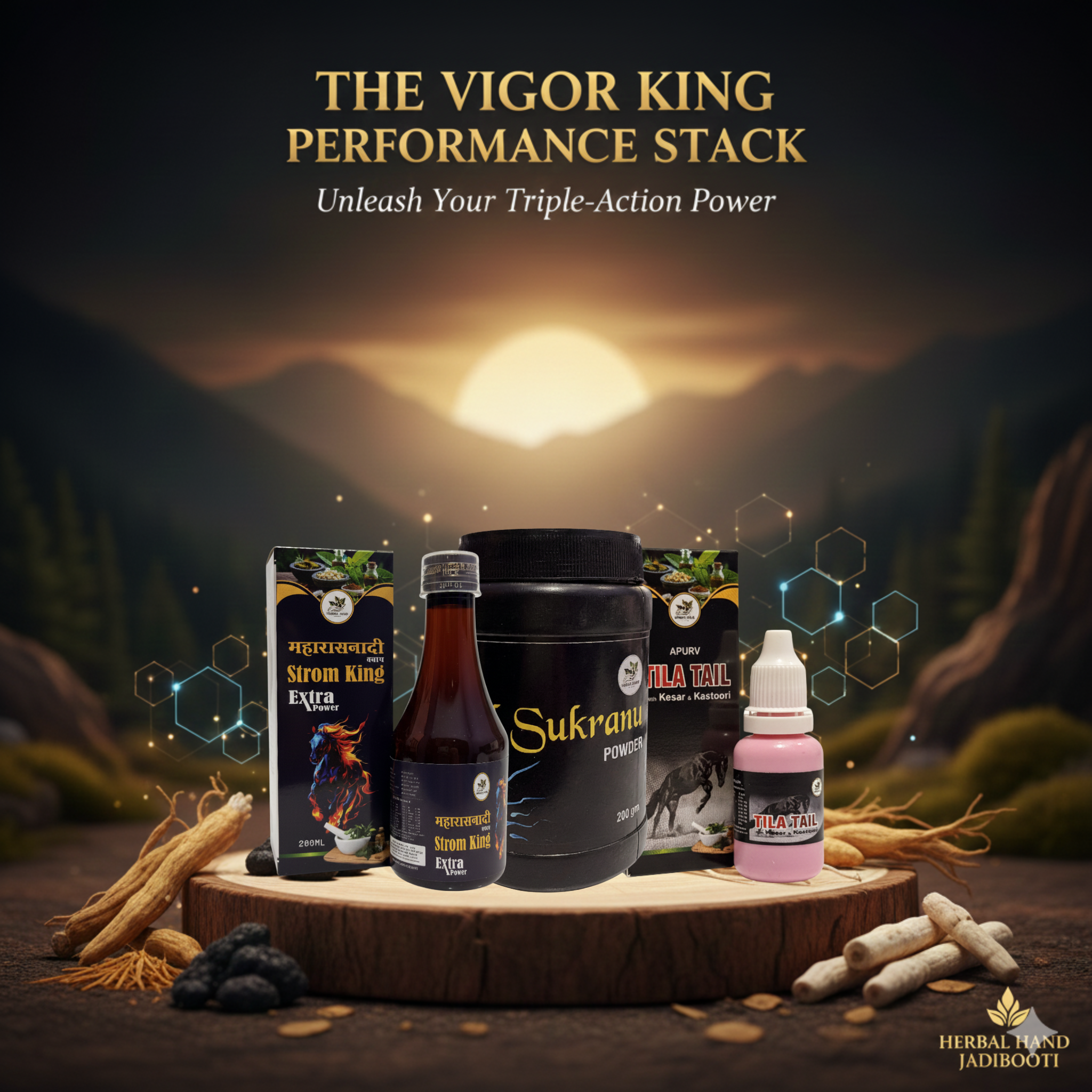 STAMINA BOOSTER COMBO – One-Month Ayurvedic Vigor & Vitality Kit (3-in-1 Performance Stack) Nil Sukranu Powder + Strom King Syrup + Apurv Tila Tail