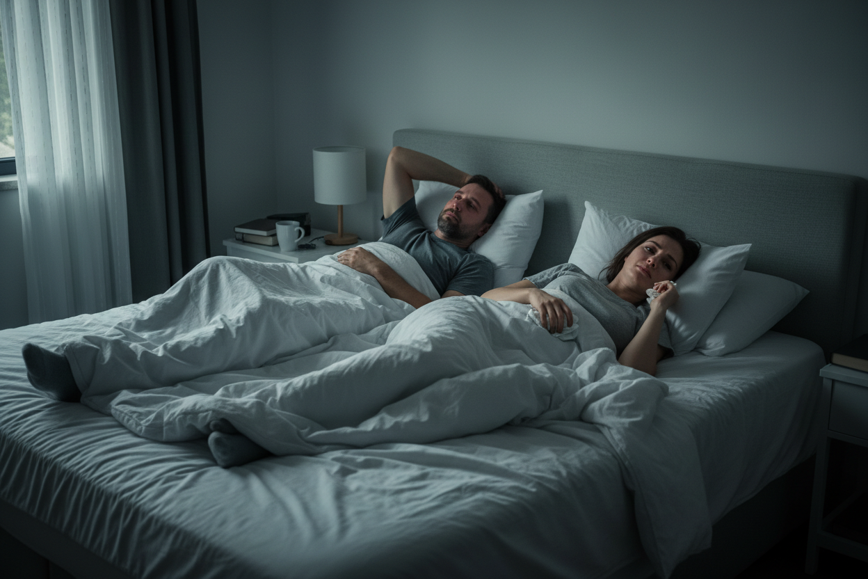 a male and female lying on bed and male and sad and female is also sad 