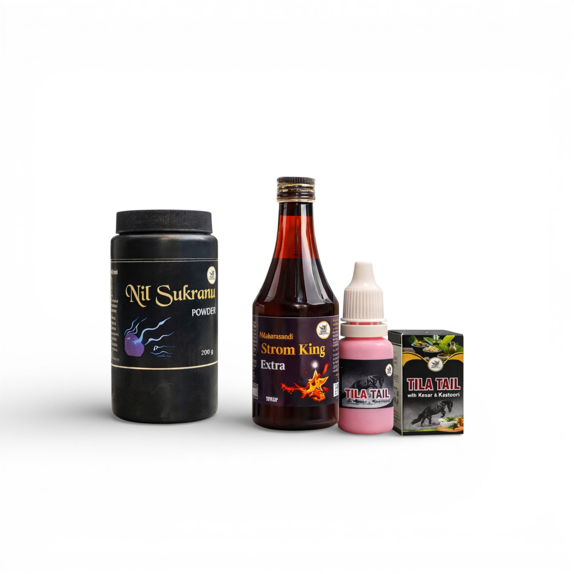 STAMINA BOOSTER COMBO – One-Month Ayurvedic Vigor & Vitality Kit (3-in-1 Performance Stack) Nil Sukranu Powder + Strom King Syrup + Apurv Tila Tail